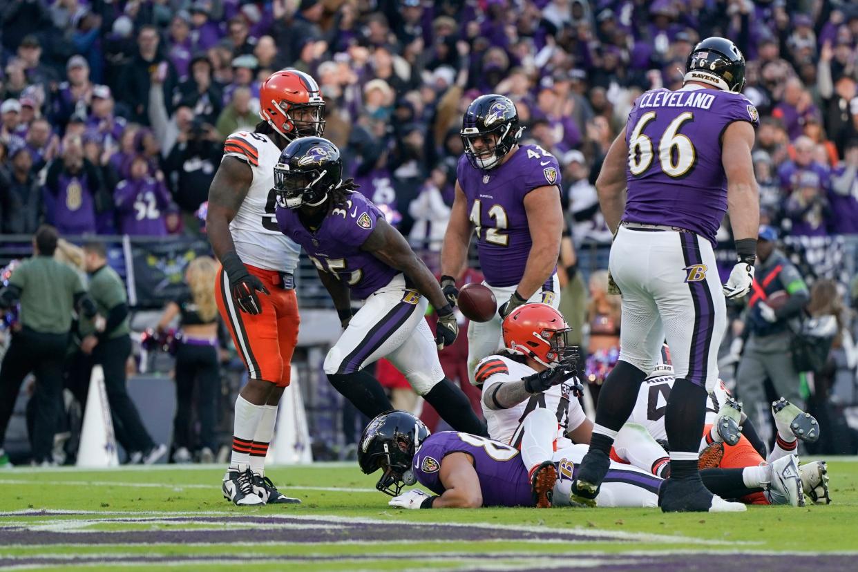 Baltimore Ravens running back Gus Edwards (35) celebrates his touchdown against the Cleveland Browns on Nov. 12 in Baltimore.