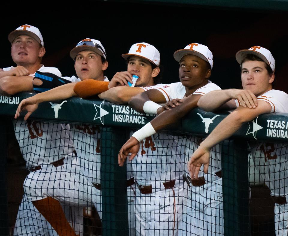 The Texas dugout watches during the home Big 12 series against Oklahoma on April 21. The Longhorns bounced back from an 0-2 stay during the Big 12 Tournament by sweeping through all three games of the Coral Gables Regional to advance to this week's super regional at Stanford.