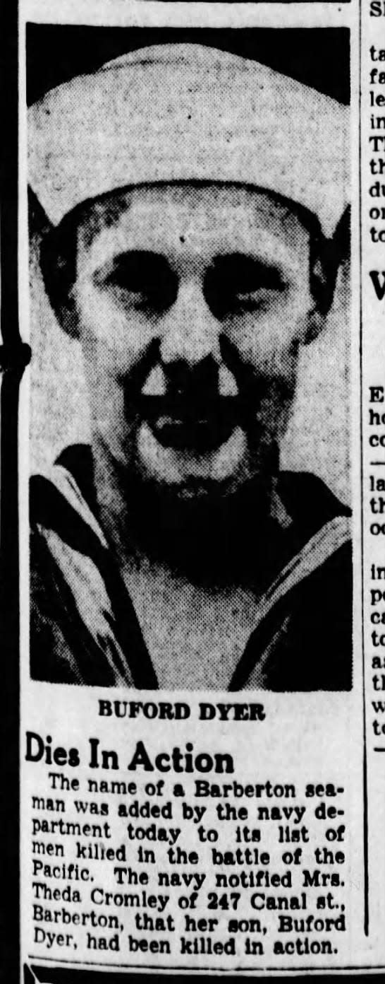 A newspaper clipping from the front page of the Akron Beacon Journal on Feb. 17, 1942, marks the military notification to family of the death of Navy seaman Buford Dyer of Barberton, who died in the attack on Pearl Harbor.