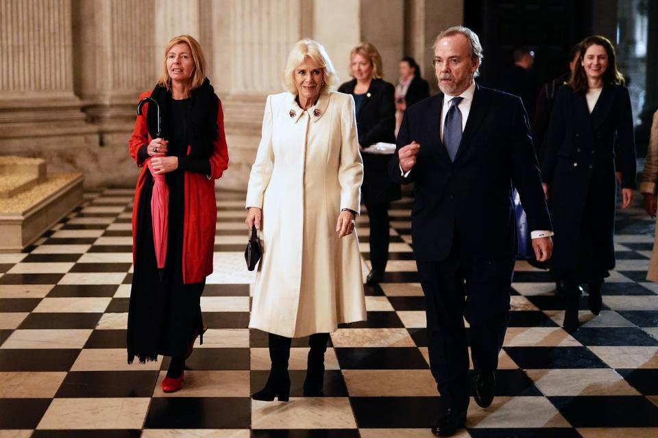 london, england december 7 queen camilla arrives for the maggies cancer support centres annual carol concert at st pauls cathedral on december 7, 2023 in london, england photo by aaron chown wpa poolgetty images