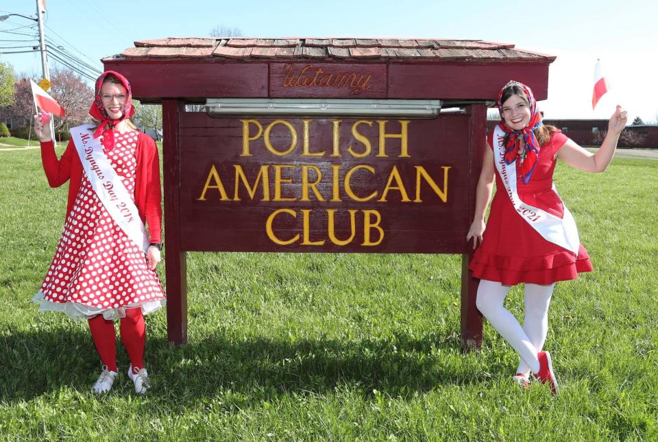 Marlene Thompson, left, Ms. Dyngas Day 2018 and her sister Erika Thompson, Ms. Dyngas Day 2021 stand in front of the Polish American Club in Akron.