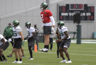 New York Jets first round draft pick Zach Wilson (2) works out during NFL football rookie camp, Friday, May 7, 2021, in Florham Park, N.J.(AP Photo/Bill Kostroun)