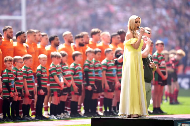 Singer Katherine Jenkins performs ahead of the Betfred Challenge Cup final at Wembley Stadium