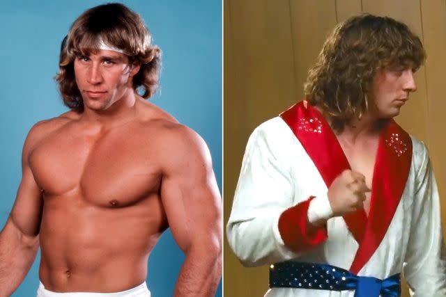 <p>Courtesy Pro Wrestling Illustrated; A24</p> Jeremy Allen White as Kerry Von Erich