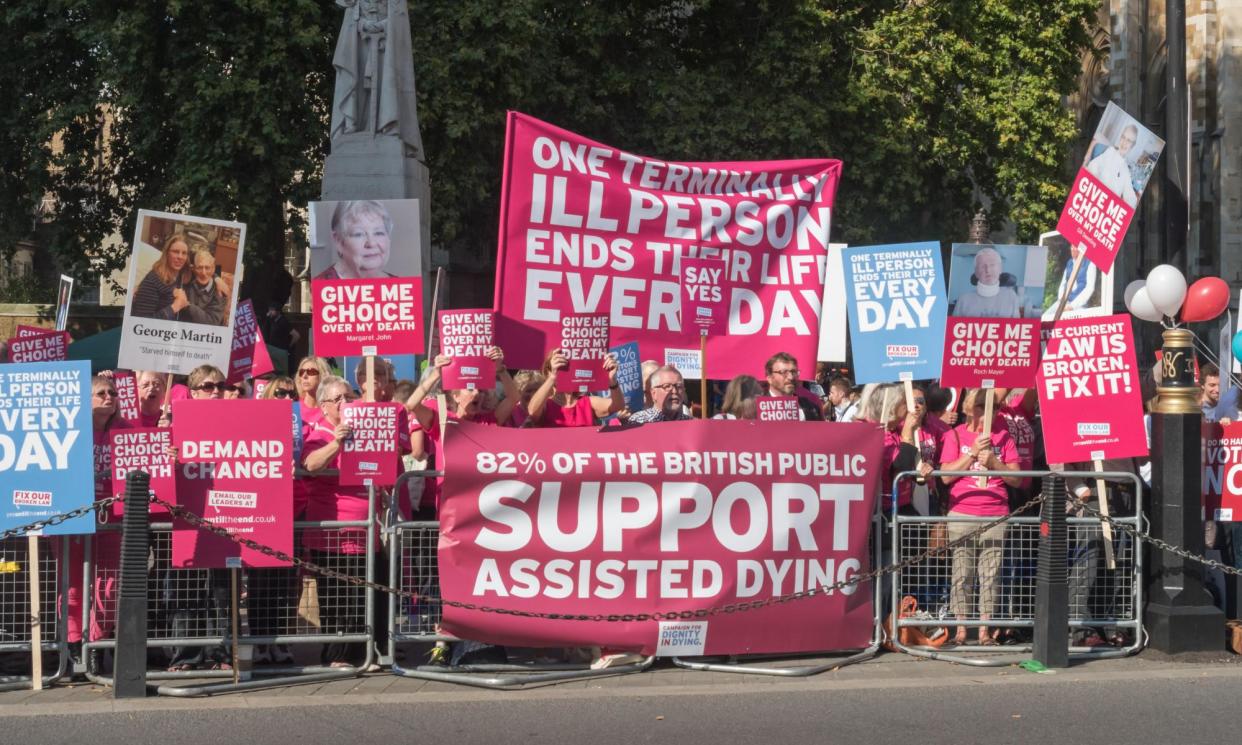 <span>Protesters outside Westminster when parliament debated the assisted suicide bill in 2015.</span><span>Photograph: Peter Marshall/Alamy</span>
