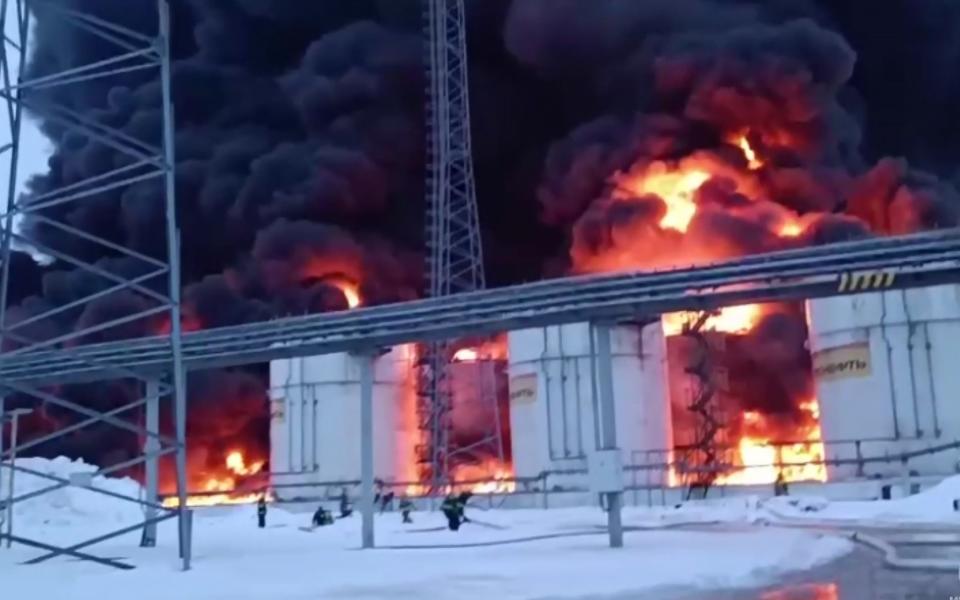 A fire rages at an oil depot in Klintsy, Bryansk following a Ukrainian drone strike