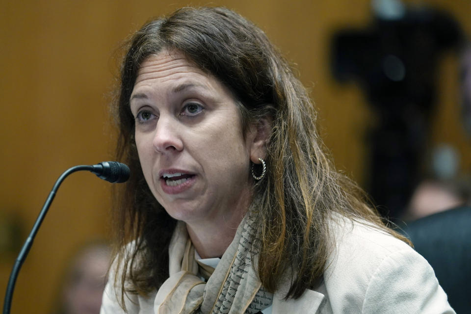 FILE- Colleen Shogan speaks during her nomination hearing to be Archivist of the United States, before the the Senate Homeland Security and Governmental Affairs Committee, Wednesday, Sept. 21, 2022, on Capitol Hill in Washington. Shogan, the new Archivist of the United States whose appointment became entangled in the partisan furor over a criminal case against former President Donald Trump, is preparing the National Archives for a coming flood of digital documents while acknowledging that it needs more money and staff to do a preservation job that only grows each year. ((AP Photo/Mariam Zuhaib, File)