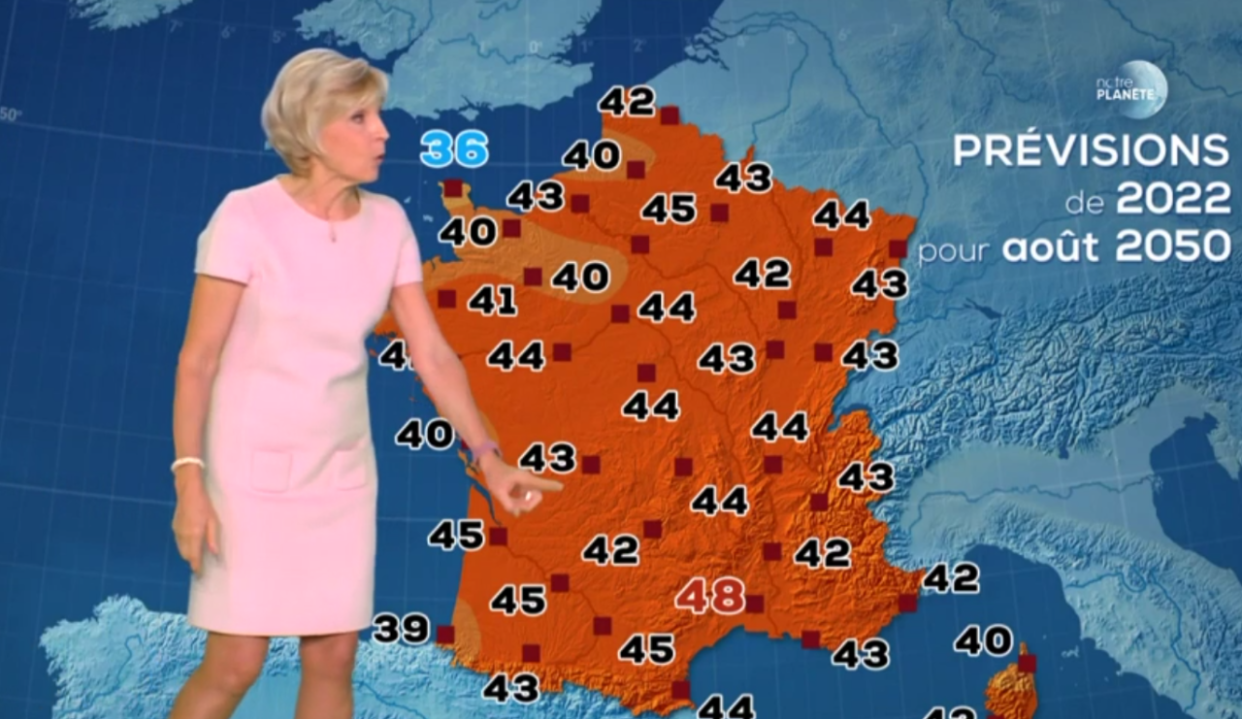 Comme elle l’avait fait en 2014, Évelyne Dhéliat a présenté ce mercredi 26 octobre une carte des prévisions météo pour le mois d’août 2050, dans un contexte de canicule. Et la mise à jour est terriblement inquiétante.