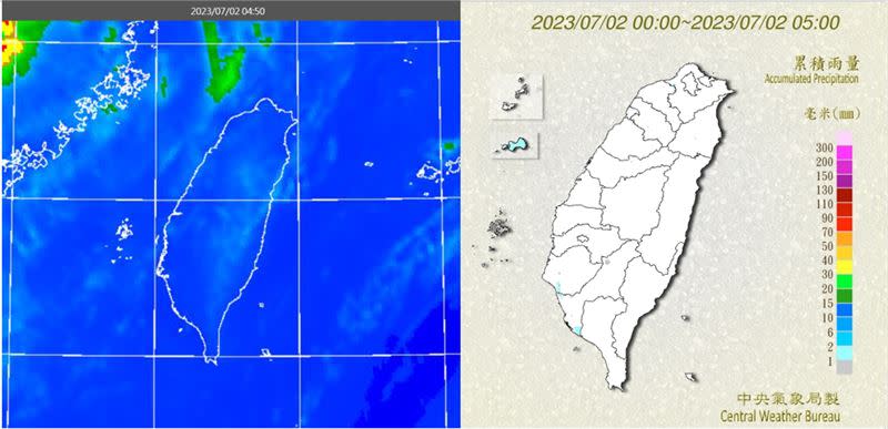 圖：2日4：50紅外線色調強化雲圖顯示，台灣上空雲層稀疏(左圖)。5時累積雨量圖顯示，南台灣及金門有零星降雨(右圖)。