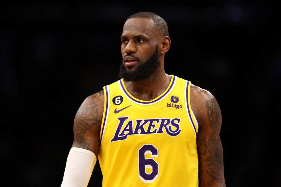 LeBron James #6 of the Los Angeles Lakers looks on during the second half of an NBA game against the Boston Celtics