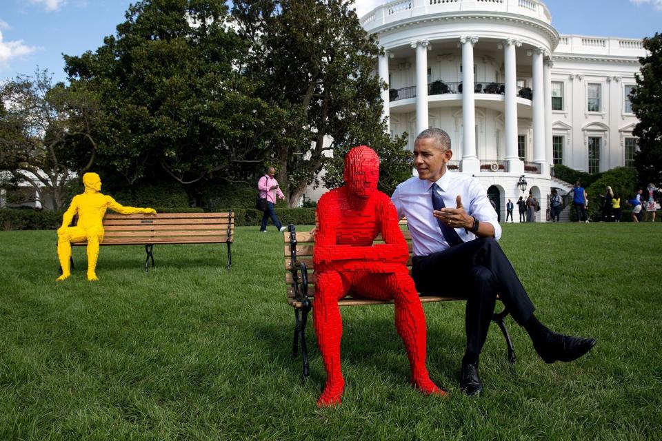 Obama poses with a Lego man sculpture during the South by South Lawn event hosted at The White House on Oct. 3.