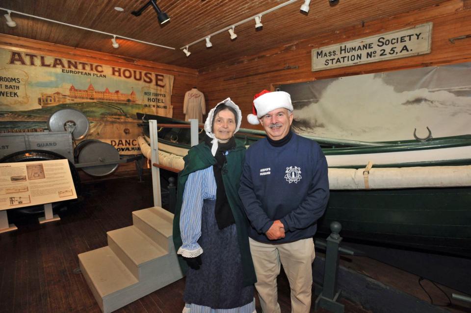 Retired Boston Light lighthouse keeper Sally Snowman, of Weymouth, left, is shown with her husband, James "Jay" Thomson, in the Hull Lifesaving Museum. Both are longtime members of the U.S. Coast Guard Auxiliary.