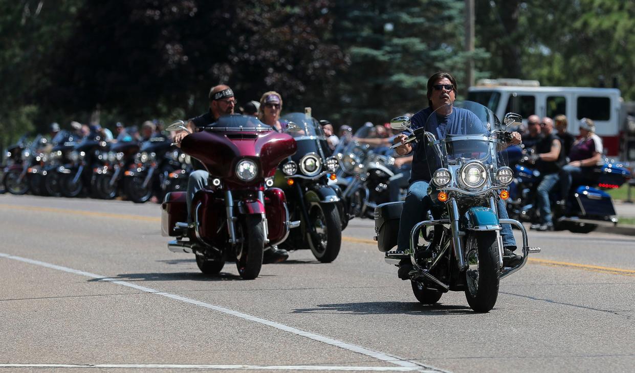 Motorcyclists hit the road during the 2023 American Tribute Ride on Saturday at Ben Hansen Park in Wisconsin Rapids. The ride pays tribute to first responders and military service members.