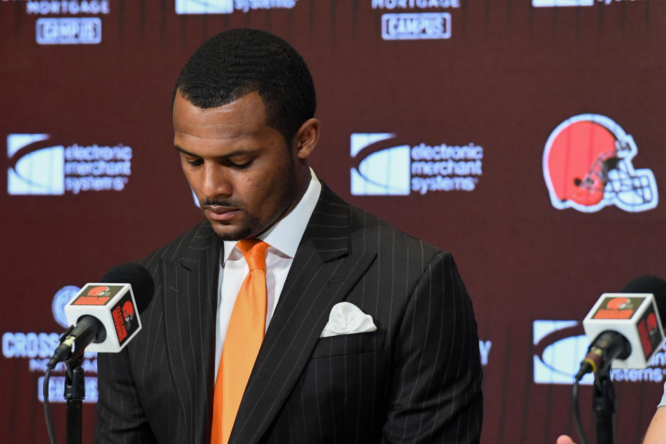 BEREA, OHIO - MARCH 25: Quarterback Deshaun Watson of the Cleveland Browns listens to questions during a press conference at CrossCountry Mortgage Campus on March 25, 2022 in Berea, Ohio. (Photo by Nick Cammett/Getty Images)