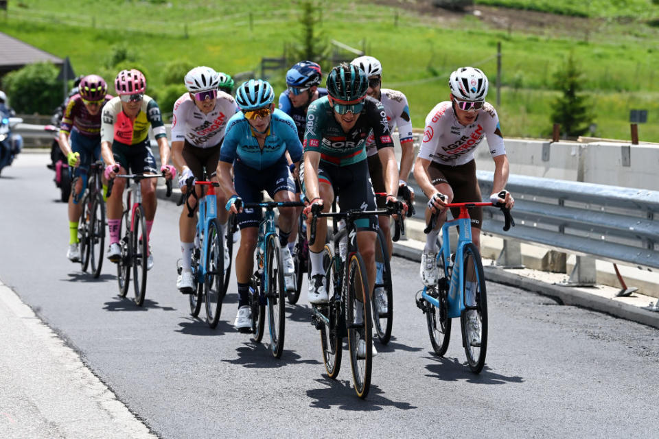 TRE CIME DI LAVAREDO ITALY  MAY 26 LR Patrick Konrad of Austria and Team BORA  hansgrohe and Nicolas Prodhomme of France and AG2R Citron Team compete in the breakaway during the 106th Giro dItalia 2023 Stage 19 a 183km stage from Longarone to Tre Cime di Lavaredo 2307m  UCIWT  on May 26 2023 in Tre Cime di Lavaredo Italy Photo by Tim de WaeleGetty Images