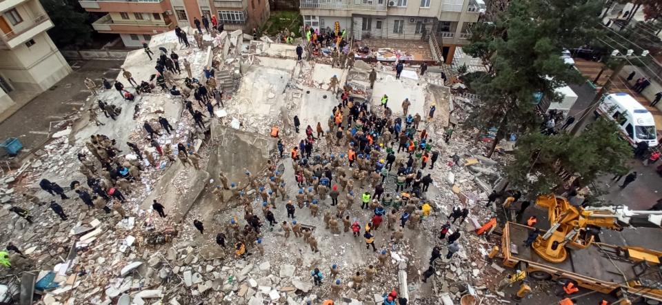 An aerial view of debris of a collapsed building after 7.4 magnitude earthquake hits Sanliurfa, Turkiye (Anadolu Agency via Getty Images)