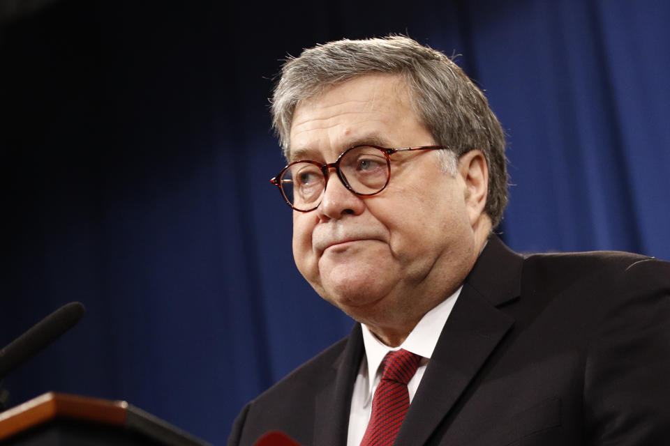 Attorney General William Barr speaks about the release of a redacted version of special counsel Robert Mueller's report during a news conference, Thursday, April 18, 2019, at the Department of Justice in Washington. (AP Photo/Patrick Semansky)