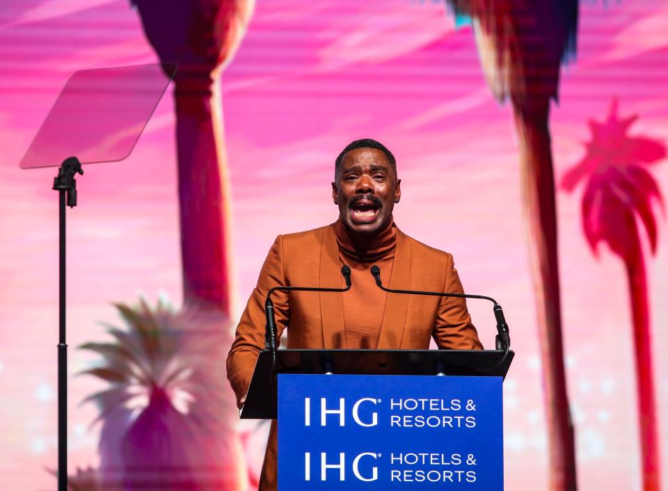 "Rustin" actor Colman Domingo becomes emotional while giving an acceptance speech for the Spotlight Award during the Palm Springs International Film Awards in Palm Springs, Calif., Thursday, Jan. 4, 2024.