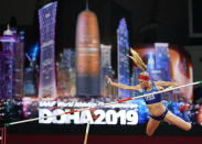 Sandi Morris, of the United States, competes during the women's pole vault qualifying round at the World Athletics Championships in Doha, Qatar, Friday, Sept. 27, 2019. (AP Photo/David J. Phillip)