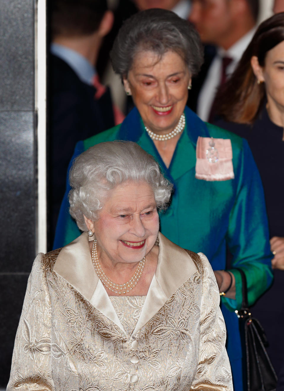 LONDON, UNITED KINGDOM - FEBRUARY 16: (EMBARGOED FOR PUBLICATION IN UK NEWSPAPERS UNTIL 48 HOURS AFTER CREATE DATE AND TIME) Queen Elizabeth II accompanied by her Lady-in-Waiting Lady Susan Hussey departs after attending the Gold Service Scholarship awards ceremony at Claridge's on February 16, 2016 in London, England. (Photo by Max Mumby/Indigo/Getty Images)