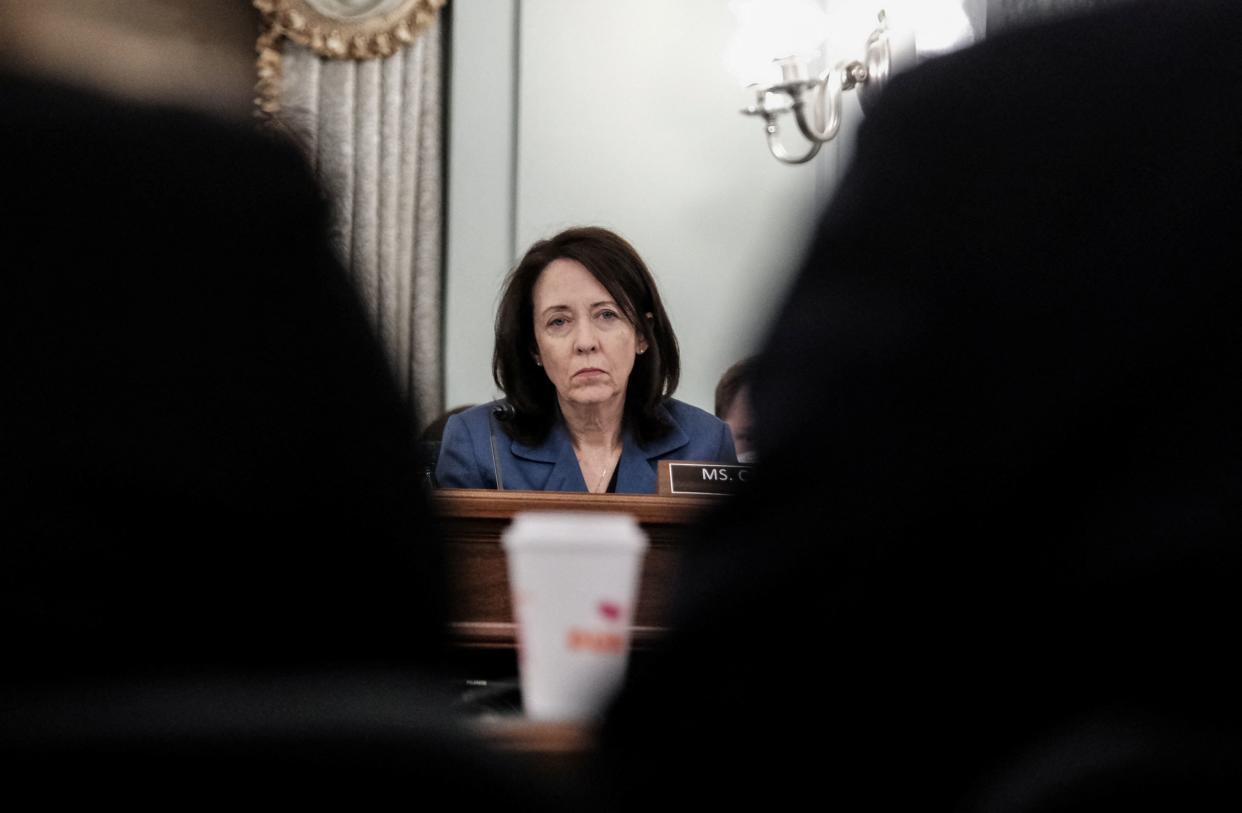 U.S. Senator Maria Cantwell (D-WA) speaks during a Senate Commerce, Science, and Transportation Committee hearing on President Biden's proposed budget request for the Department of Transportation, on Capitol Hill in Washington, U.S., May 3, 2022. REUTERS/Michael A. McCoy