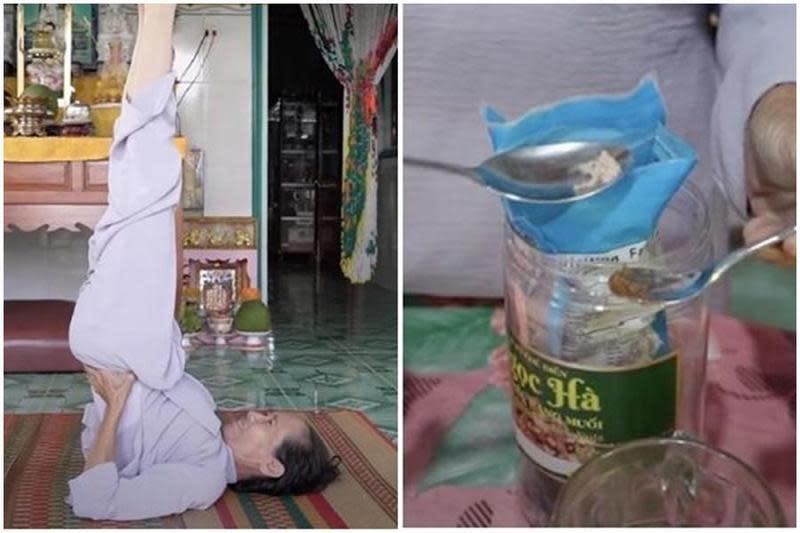 越南一名60多歲奇異人士阮氏濃（Nguyễn Thị Ngôn），聲稱自己罹患嚴重疾病後，從22歲開始就從未吃過固態食物。（翻攝自YouTube）