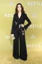 <p>In a black embellished Elie Saab jumpsuit at The Hustle premiere in May 2019.</p>