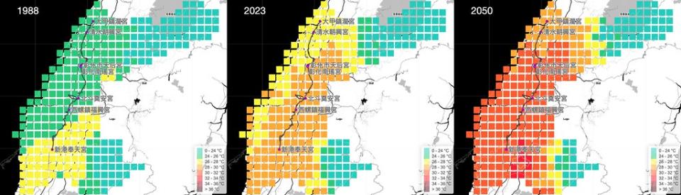 大甲媽祖繞境沿途氣溫，自1988年至2050年升溫幅度高達6°C。圖片來源：綠色和平提供