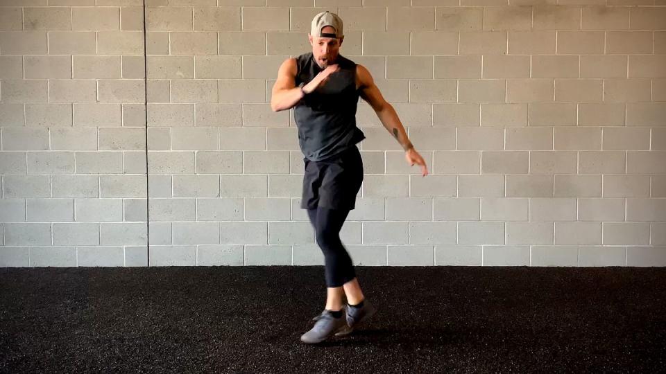 indoor workout, hop squat with twist