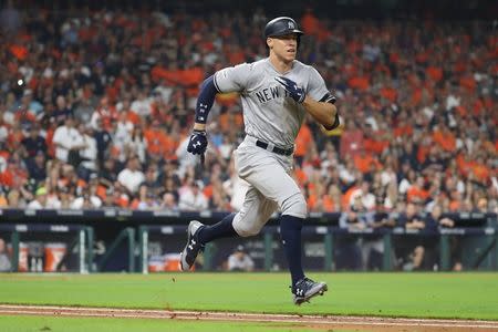 FILE PHOTO: Oct 21, 2017; Houston, TX, USA; New York Yankees right fielder Aaron Judge (99) grounds out in the fourth inning during game seven of the 2017 ALCS playoff baseball series against the Houston Astros at Minute Maid Park. Thomas B. Shea-USA TODAY Sports