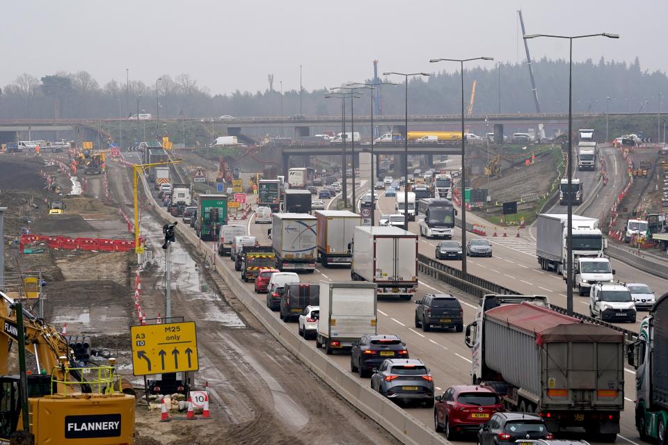 A view of traffic approaching junction 10 of the M25 in Surrey on Monday March 11 (Gareth Fuller/PA) (PA Wire)