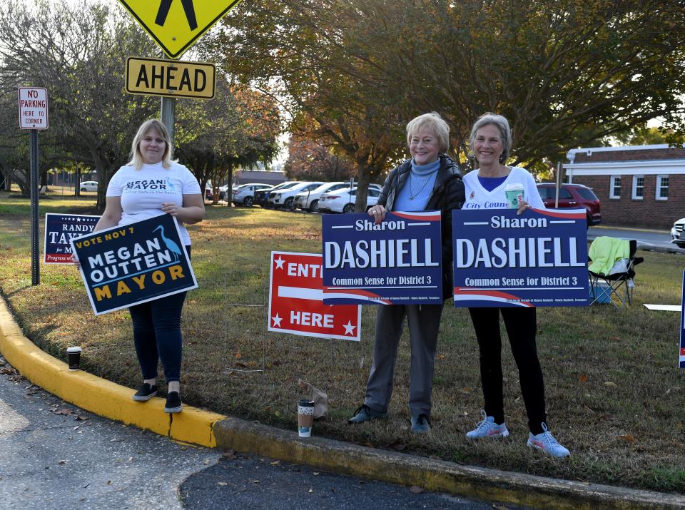 Candidate for mayor Megan Outten and District 3 candidate Sharon Dashiell outside polling location Asbury United Methodist Tuesday, Nov. 7, 2023, in Salisbury, Maryland.