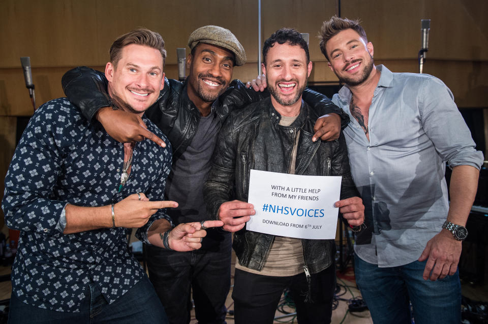 LONDON, ENGLAND - JUNE 14: Lee Ryan, Simon Webbe, Antony Costa and Duncan James of Blue during the recordings of NHS Voices charity single 'With A Little Help From My Friends' at Abbey Road Studios, June 14, 2018 in London, England. (Photo by Brian Rasic/WireImage)