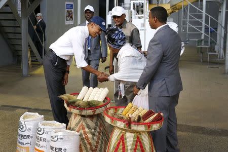 U.S. President Barack Obama (L) bows deeply as he greets a farmer (front C) participating in the Feed the Future program as he tours the Faffa Food factory in Addis Ababa, Ethiopia July 28, 2015. REUTERS/Jonathan Ernst