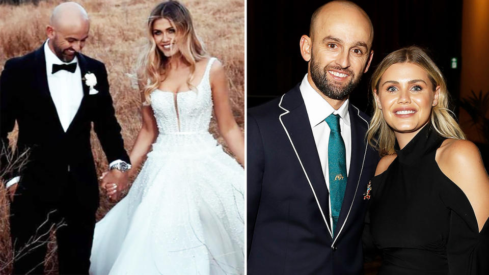 Nathan Lyon, pictured here after tying the knot with Emma McCarthy.