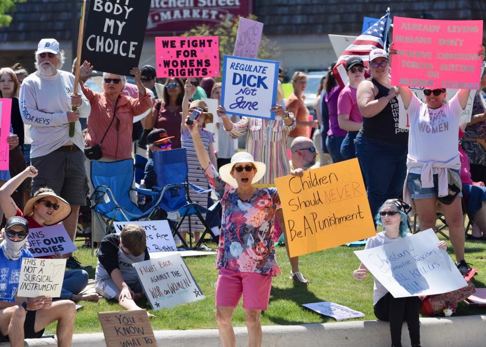 Protesters cheer as passing cars honk their support for the pro-abortion rights protest along US-31 in front of the hole in downtown Petoskey on Sunday, July 3.