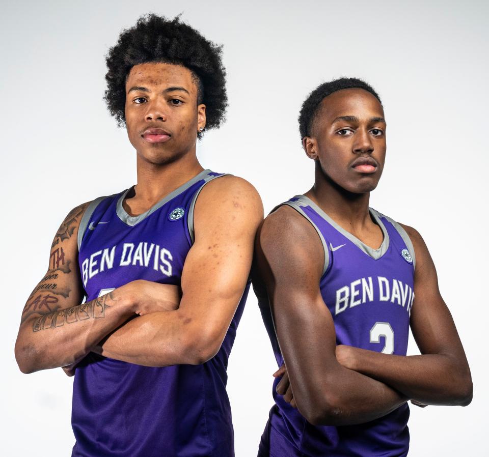 Ben Davis' KJ Windham (24) and Mark Zackery IV (2) pose for a photo Tuesday, Oct. 10, 2023, at The Indianapolis Star.