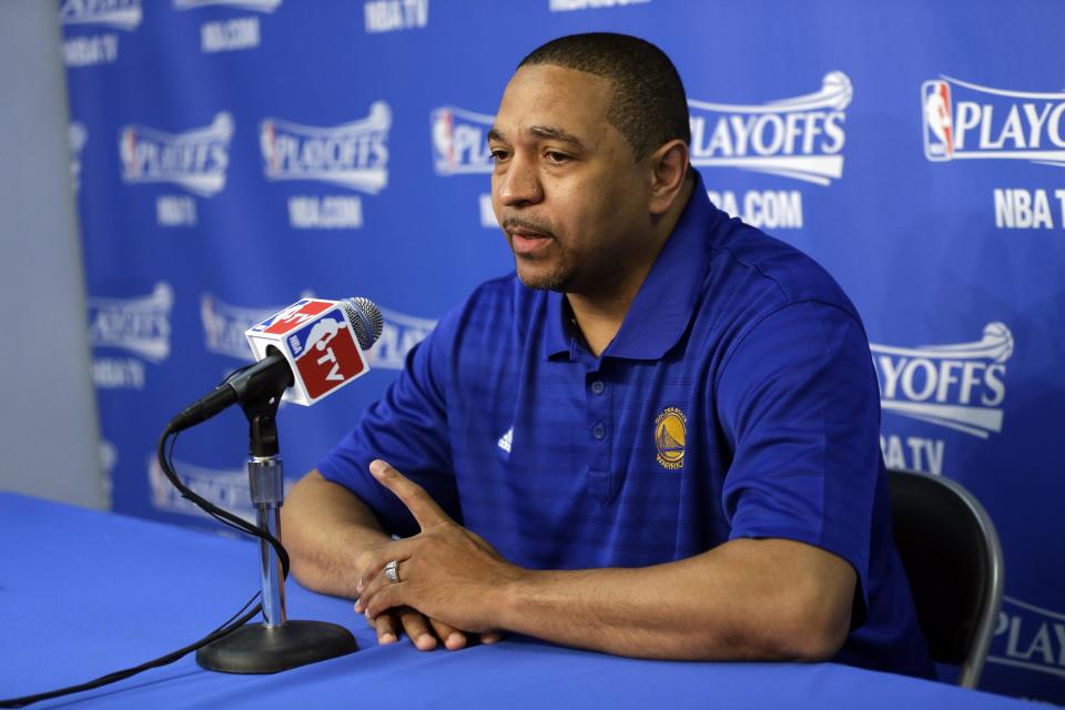 Golden State Warriors head coach Mark Jackson answers questions during a pregame news conference before Game 4 of an opening-round NBA basketball playoff series against the Los Angeles Clippers on Sunday, April 27, 2014, in Oakland, Calif. (AP Photo/Marcio Jose Sanchez)