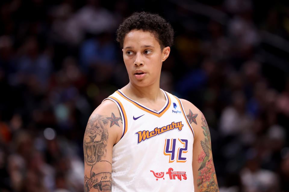 SEATTLE, WASHINGTON - JUNE 24: Brittney Griner #42 of the Phoenix Mercury looks on against the Seattle Storm during the first quarter at Climate Pledge Arena on June 24, 2023 in Seattle, Washington. (Photo by Steph Chambers/Getty Images)