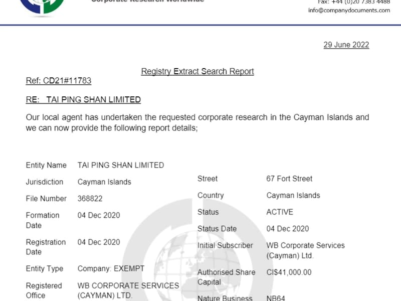 Tai Ping Shan Ltd's Cayman Islands filing. (Companydocuments.com)