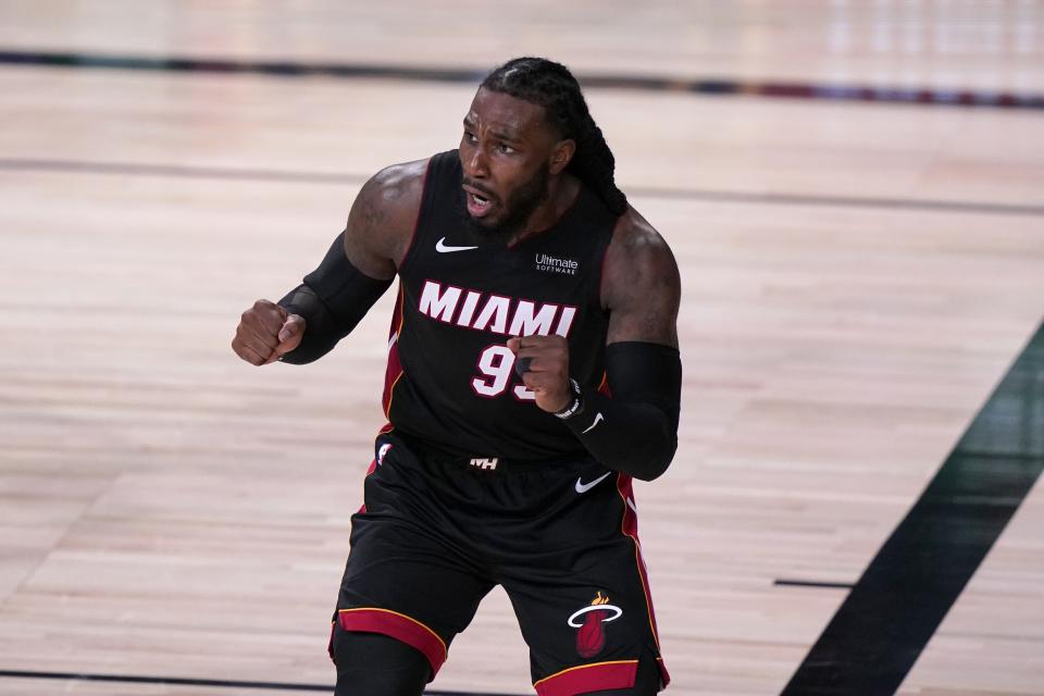 Miami Heat's Jae Crowder gestures after being charged with a foul on a shot attempt by the Boston Celtics during the second half of an NBA conference final playoff basketball game, Saturday, Sept. 19, 2020, in Lake Buena Vista, Fla. (AP Photo/Mark J. Terrill)