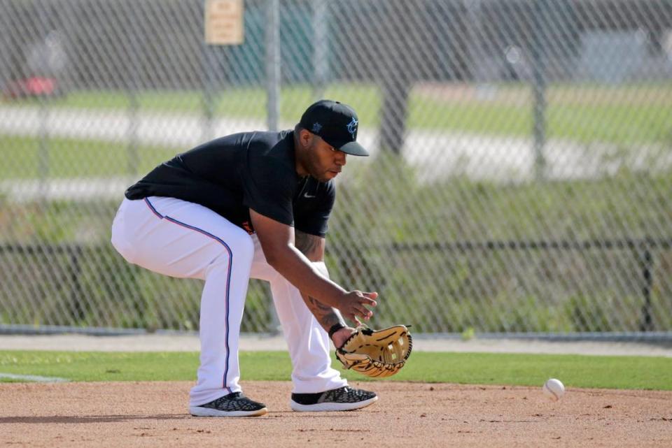 Miami Marlins infielder Jesus Aguilar run drills during the spring training baseball workouts for pitchers and catchers at Roger Dean Stadium on Wednesday, February 12, 2020 in Jupiter, FL.