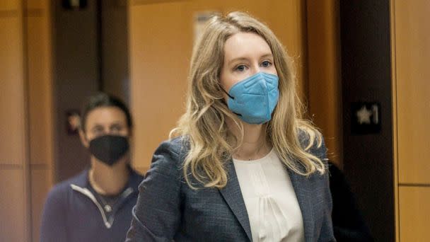 PHOTO: Elizabeth Holmes, the founder and former CEO of blood testing and life sciences company Theranos, arrives for the first day of her fraud trial, outside Federal Court in San Jose, Calif., Sept. 8, 2021.  (Nick Otto/AFP via Getty Images)