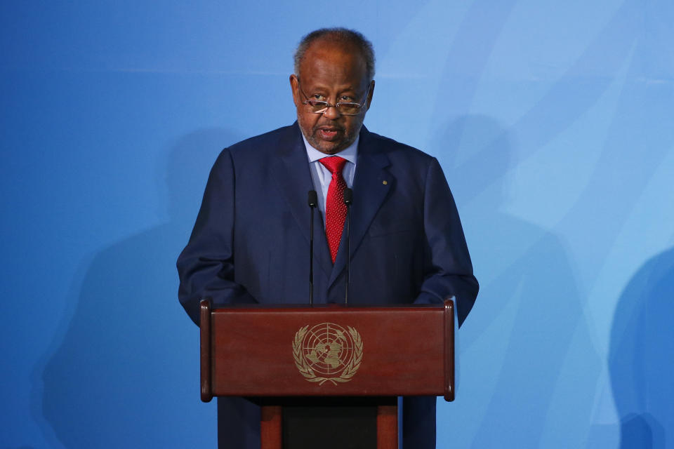 Djibouti's President Ismael Omar Guelleh addresses the Climate Action Summit in the United Nations General Assembly, at U.N. headquarters, Monday, Sept. 23, 2019. (AP Photo/Jason DeCrow)