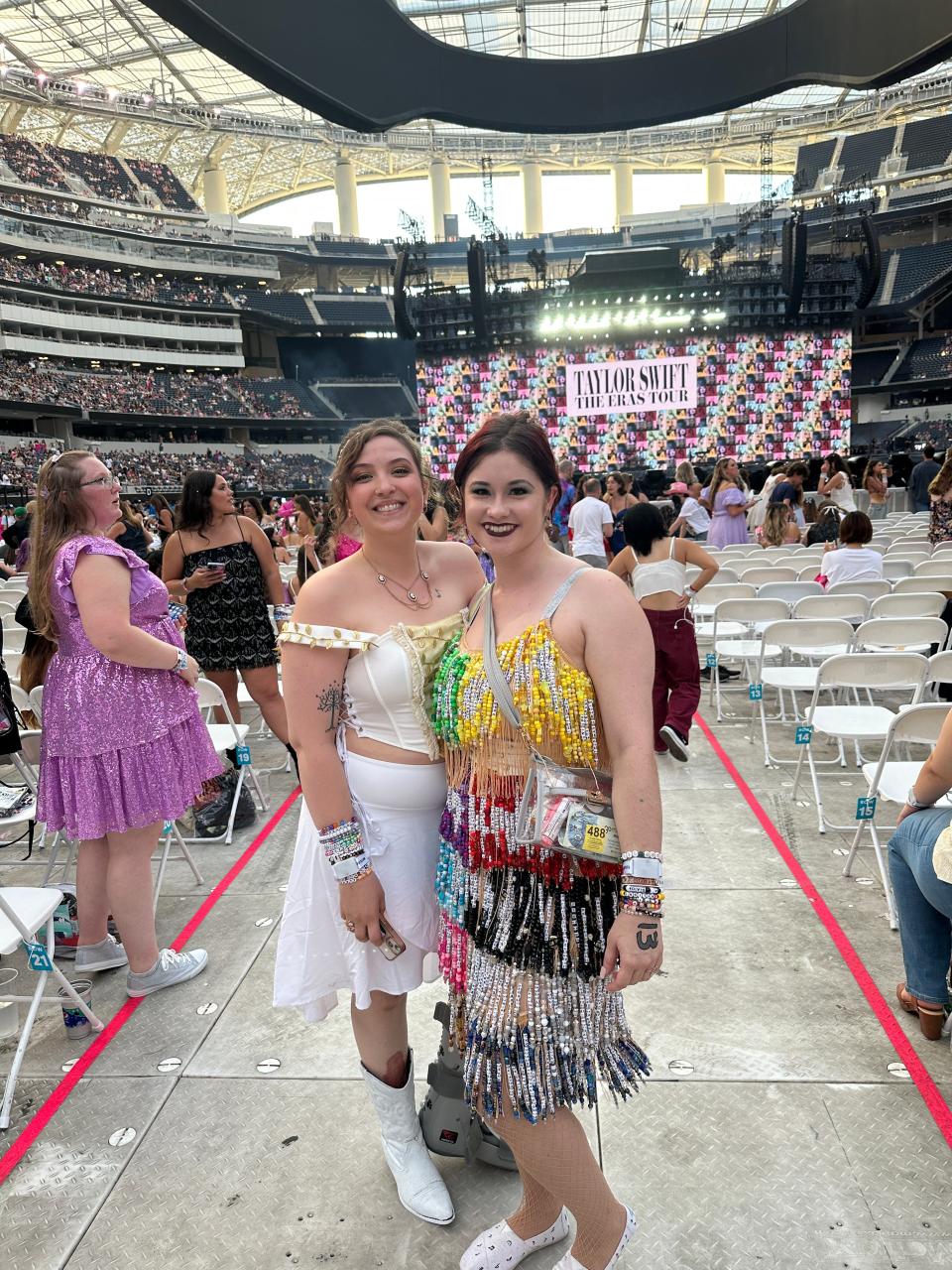 Laura Petty and a friend attending the Eras Tour show at SoFi Stadium in Los Angeles, California, on August 9, 2023.