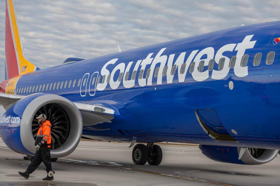 A Southwest Airlines flight arrives from Chicago to Kansas City International Airport on Tuesday, Feb. 28, 2023. Southwest Airlines was one of the first airlines to arrive to Kansas City International Airport’s new terminal.
