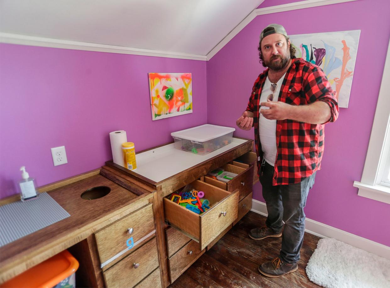 Wyatt Kuether, CEO of The Production Farm stands in the Sensory Room at the facility, Tuesday, June 14, 2022, in Whitelaw, Wis. Kuether says that this room lets participants do creative activities such as finger painting.