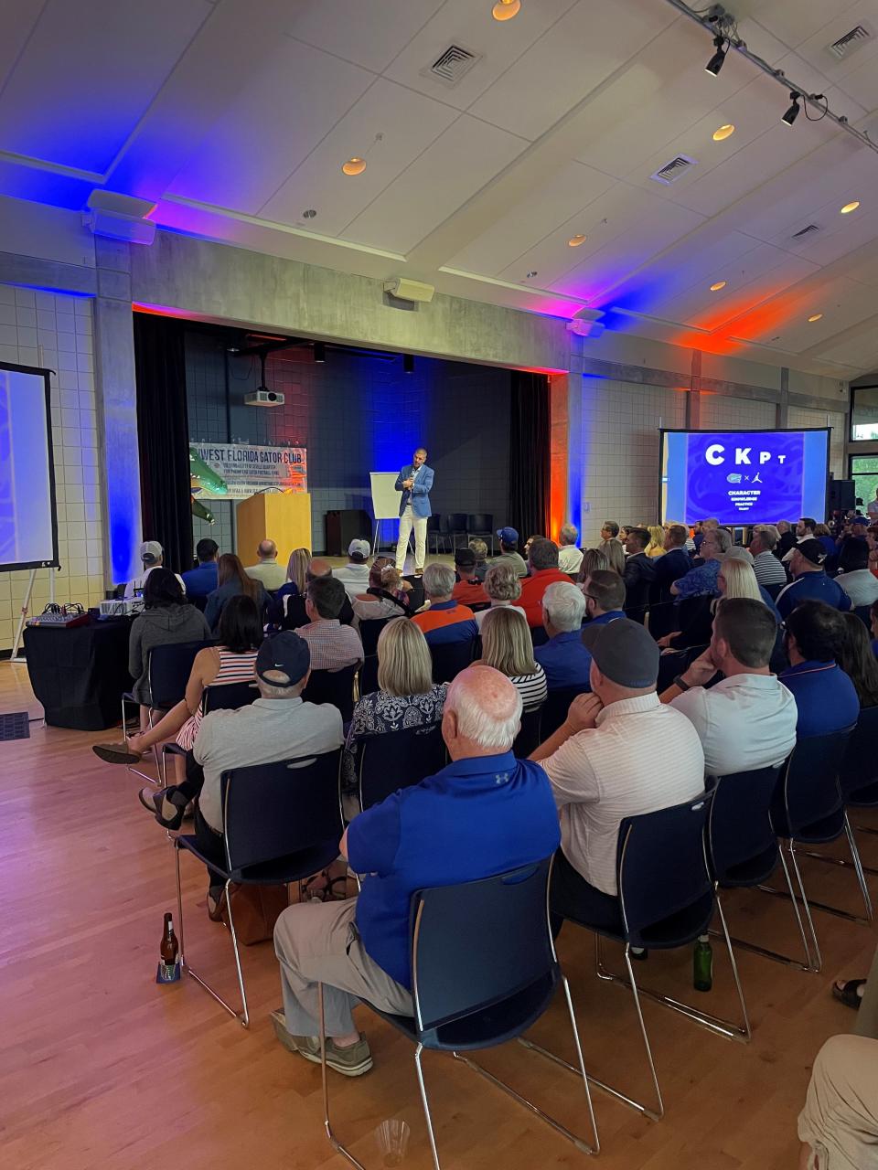 Florida Gators head football coach Billy Napier speaks to the NWFL Gators Club on May 13, 2022.