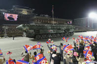 In this photo provided by the North Korean government, what it says are intercontinental ballistic missiles are displayed during a military parade to mark the 75th founding anniversary of North Korea’s army at Kim Il Sung Square in Pyongyang, North Korea, Wednesday, Feb. 8, 2023. Independent journalists were not given access to cover the event depicted in this image distributed by the North Korean government. The content of this image is as provided and cannot be independently verified. Korean language watermark on image as provided by source reads: "KCNA" which is the abbreviation for Korean Central News Agency. (Korean Central News Agency/Korea News Service via AP)