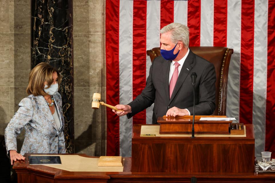 Kevin McCarthy is under fire after joking about hitting Nancy Pelosi with a gavel at a recent event in Tennessee. (POOL/AFP via Getty Images)